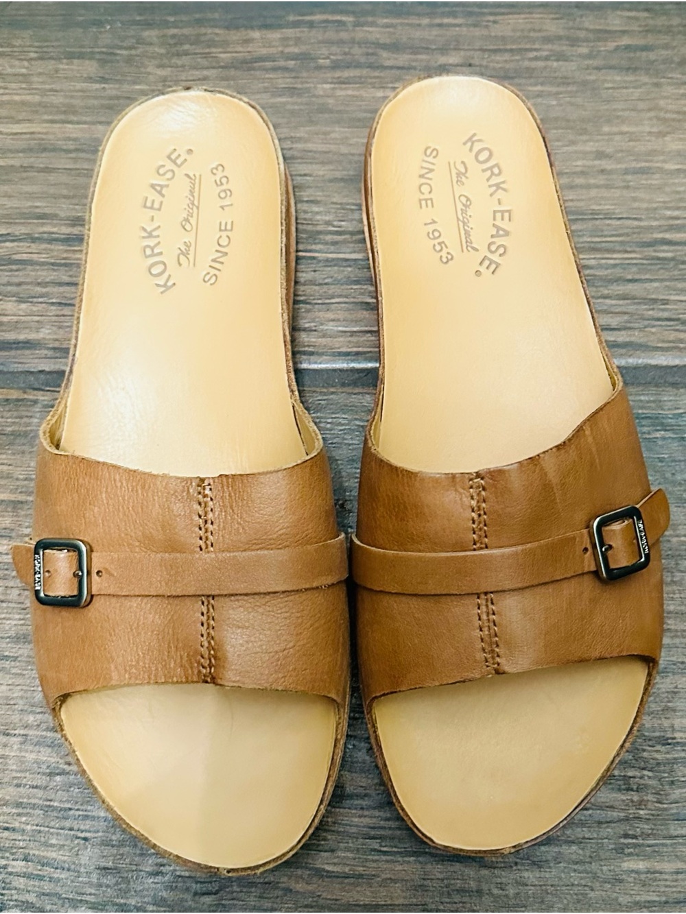 Kork-Ease Women's Tan Leather Slide Sandals with Buckle